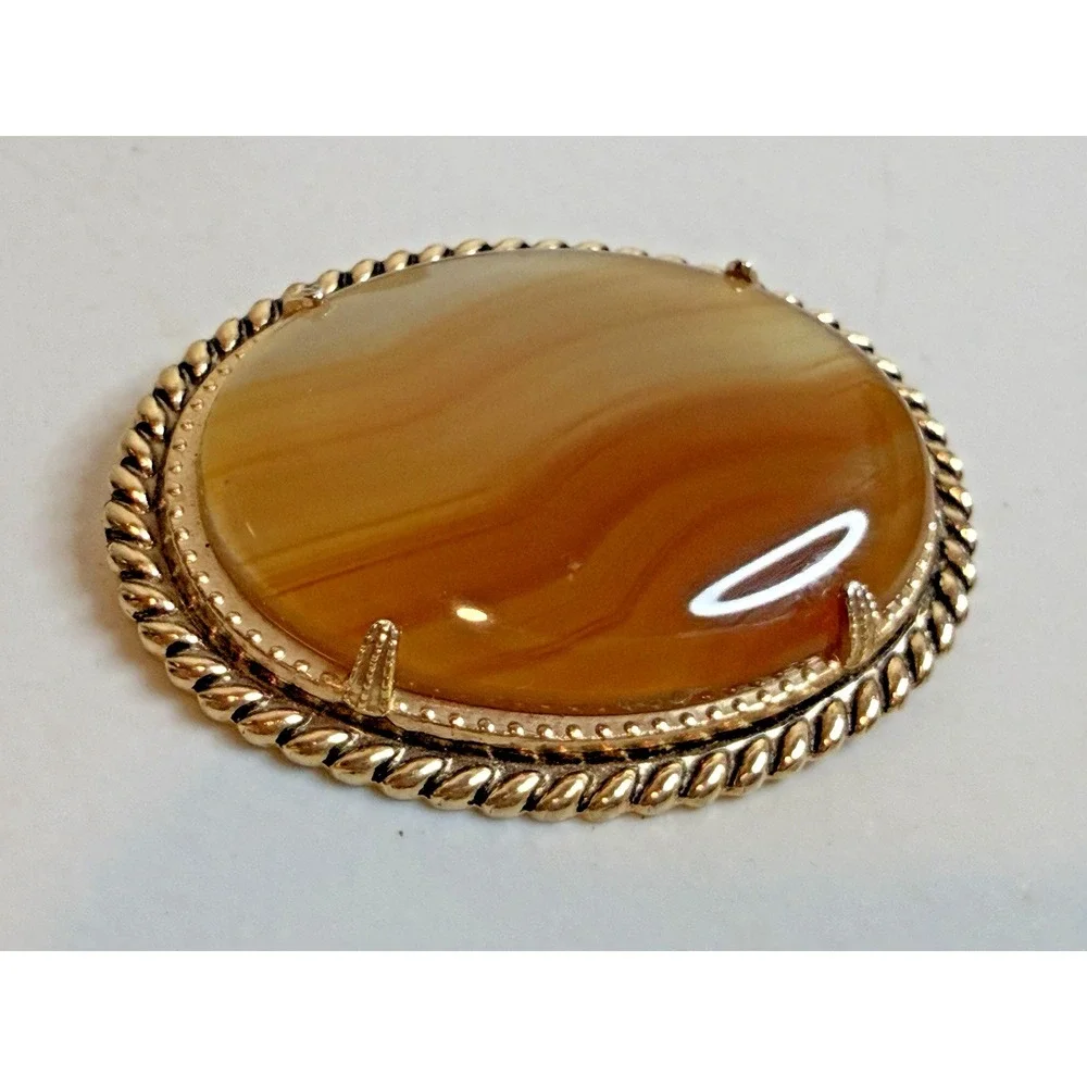Vintage Orange Banded Agate Twisted Rope Oval Large Brooch Pin Retro‎ Silver